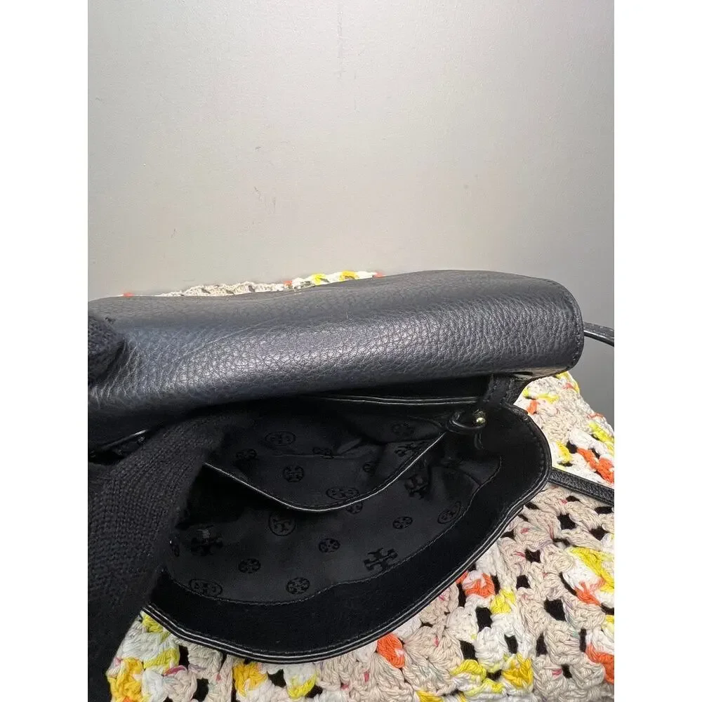 Tory Burch Black Pebbled Leather Flap Crossbody Bag Adjustable Strap